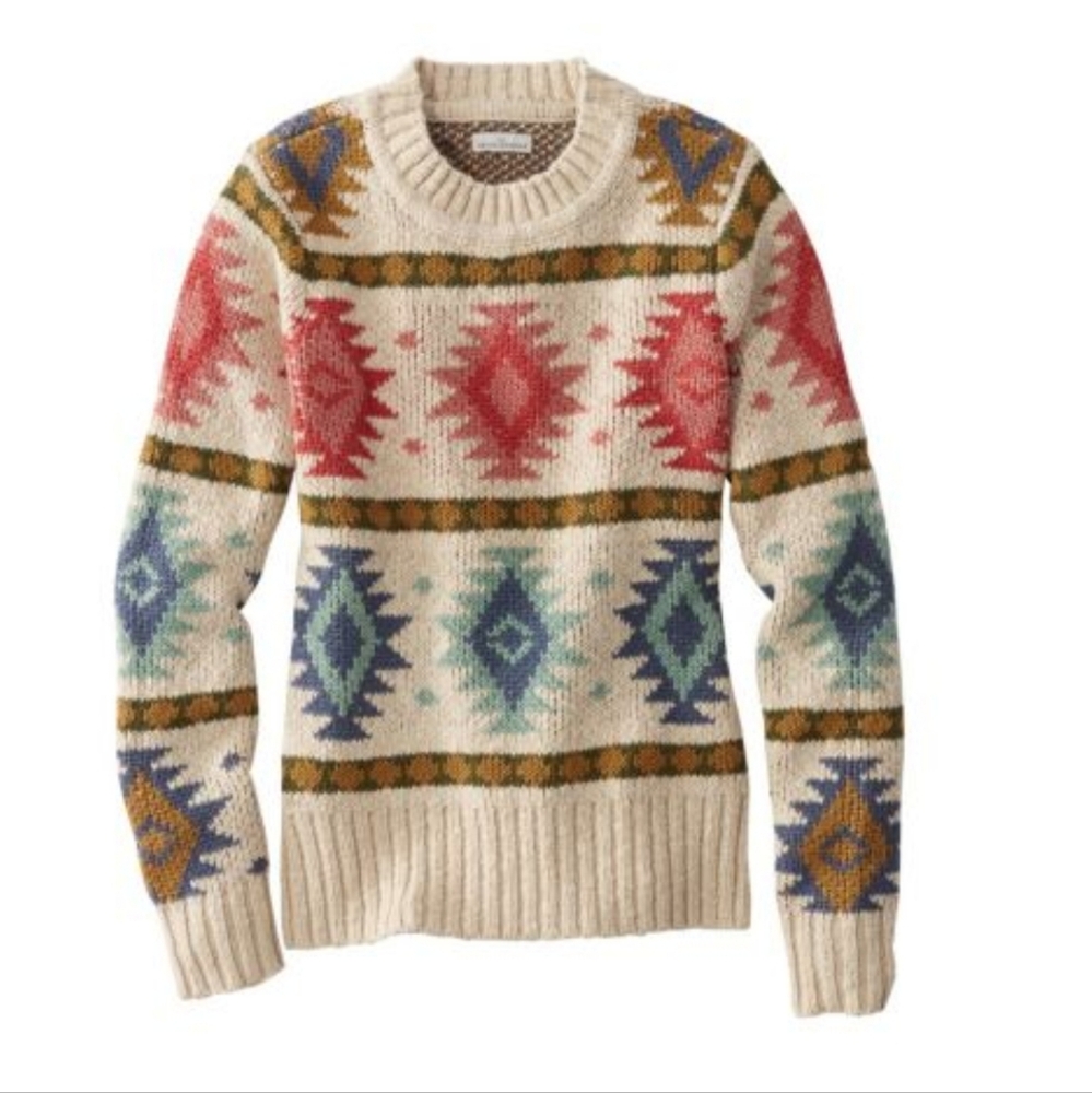 LLBean Women's Medium 100% Cotton Slub Fair Isle Multicolor Crew Neck Sweater - Picture 3 of 15